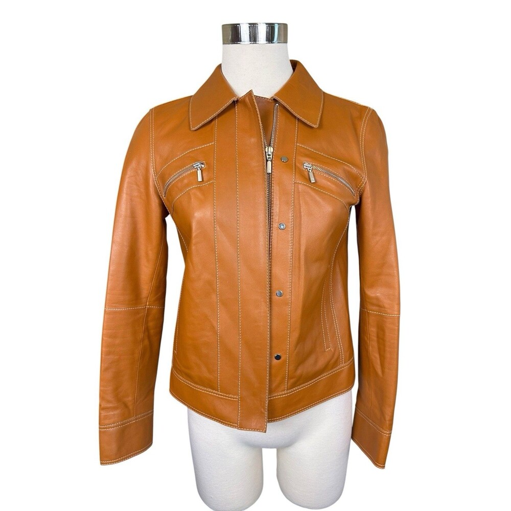 Lafayette 148 Carmel Leather Biker Cropped Jacket Sz XS